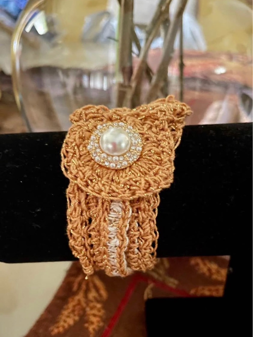 Gold-Tone Crochet Bracelet with Pearl and Crystal Accent